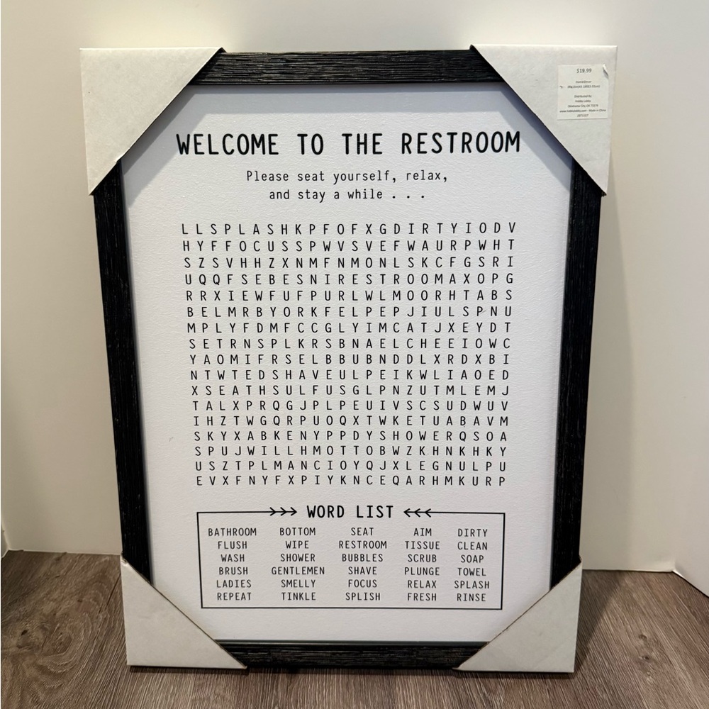 Fun Welcome To The Restroom Crossword Wood Wall Decor- NWT